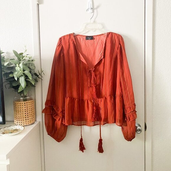🦋 VICI Gabriela Tassel Tie Blouse Rust Boho Large - Picture 2 of 6